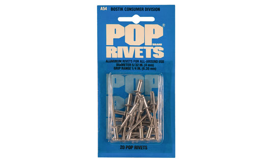 POP Rivets 5/32" x 1/4" Aluminum Rivets - 20 Pack. Model A54. Aluminum Rivets produce a strong & tamper-proof joint. For joining sheet metal, aluminum, fabrics, plastics, & leather. Use on metal cabinets, aluminum doors, & windows, metal fixtures, automobiles, heating ducts, gutters, & downspouts. Made in USA.