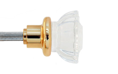 Pair of Classic Fluted Clear Glass Doorknobs with spindle. A high quality & genuine glass doorknob set with an attractive fluted design. The sparkling center point under glass amplifies reflected light to showcase beautiful facets. Solid brass base. Reproduction Glass Door Knobs. Traditional Fluted Glass Knobs. Unlacquered brass (will patina naturally), Non-Lacquered Brass.