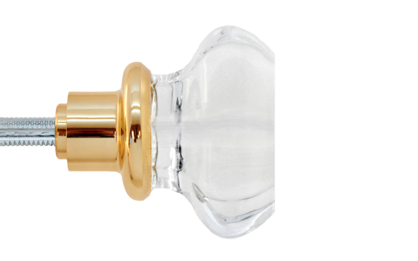 Pair of Classic Octagonal Clear Glass Doorknobs with spindle. A high quality & genuine glass doorknob set with an attractive octagon design. The sparkling center point under glass amplifies reflected light to showcase beautiful facets. Solid brass base. Reproduction Glass Door Knobs. Traditional Octagon Glass Knobs. Unlacquered brass (will patina naturally), Non-Lacquered Brass 