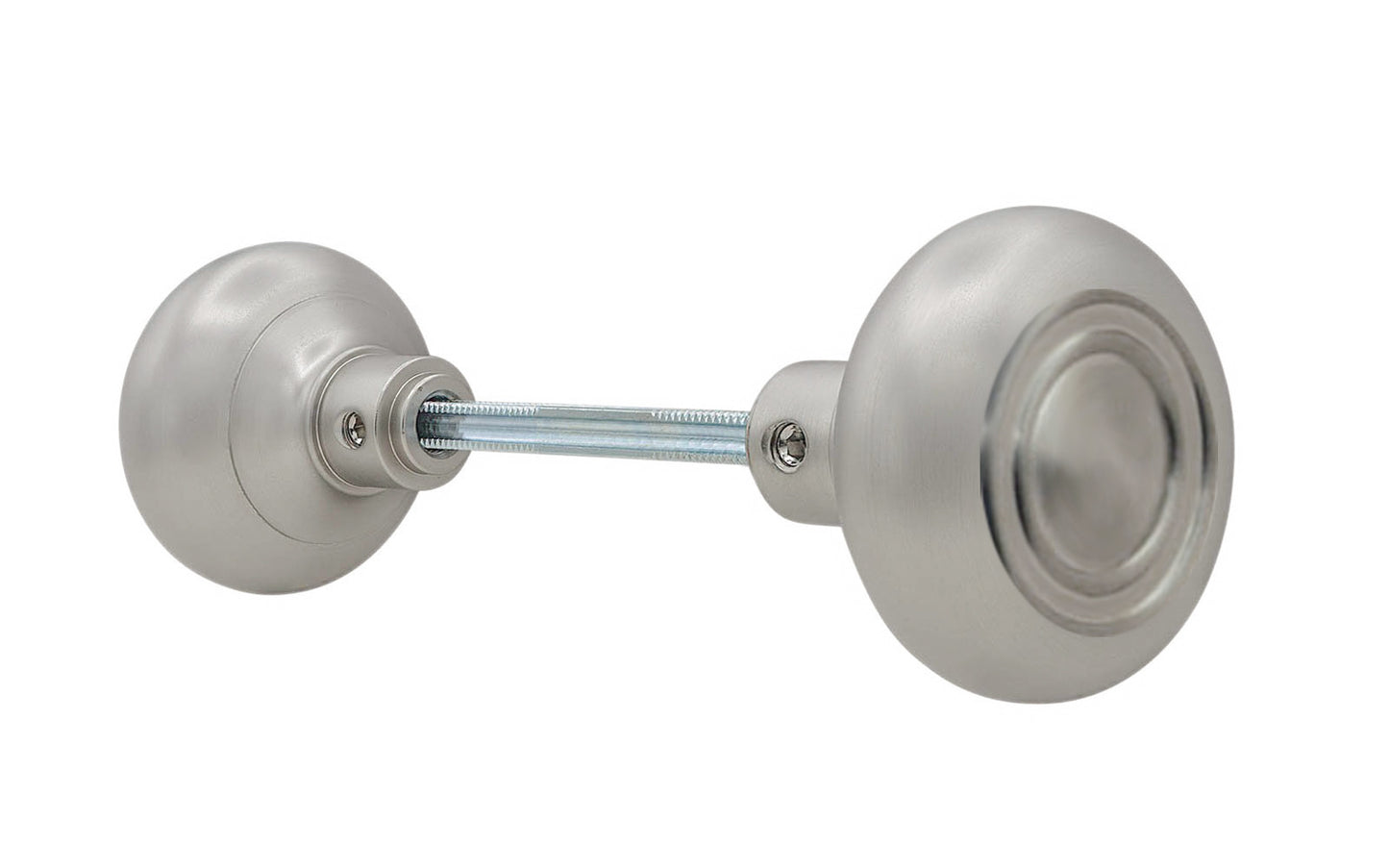 Pair of Traditional & Classic Brass Circle-Ring Design Doorknobs with spindle. Quality hollow core wrought brass doorknobs with an attractive circle-ring design. Reproduction Brass Door Knobs. Traditional Brass Knobs with Spindle. Set includes two knobs with spindle.  Polished Nickel Finish.