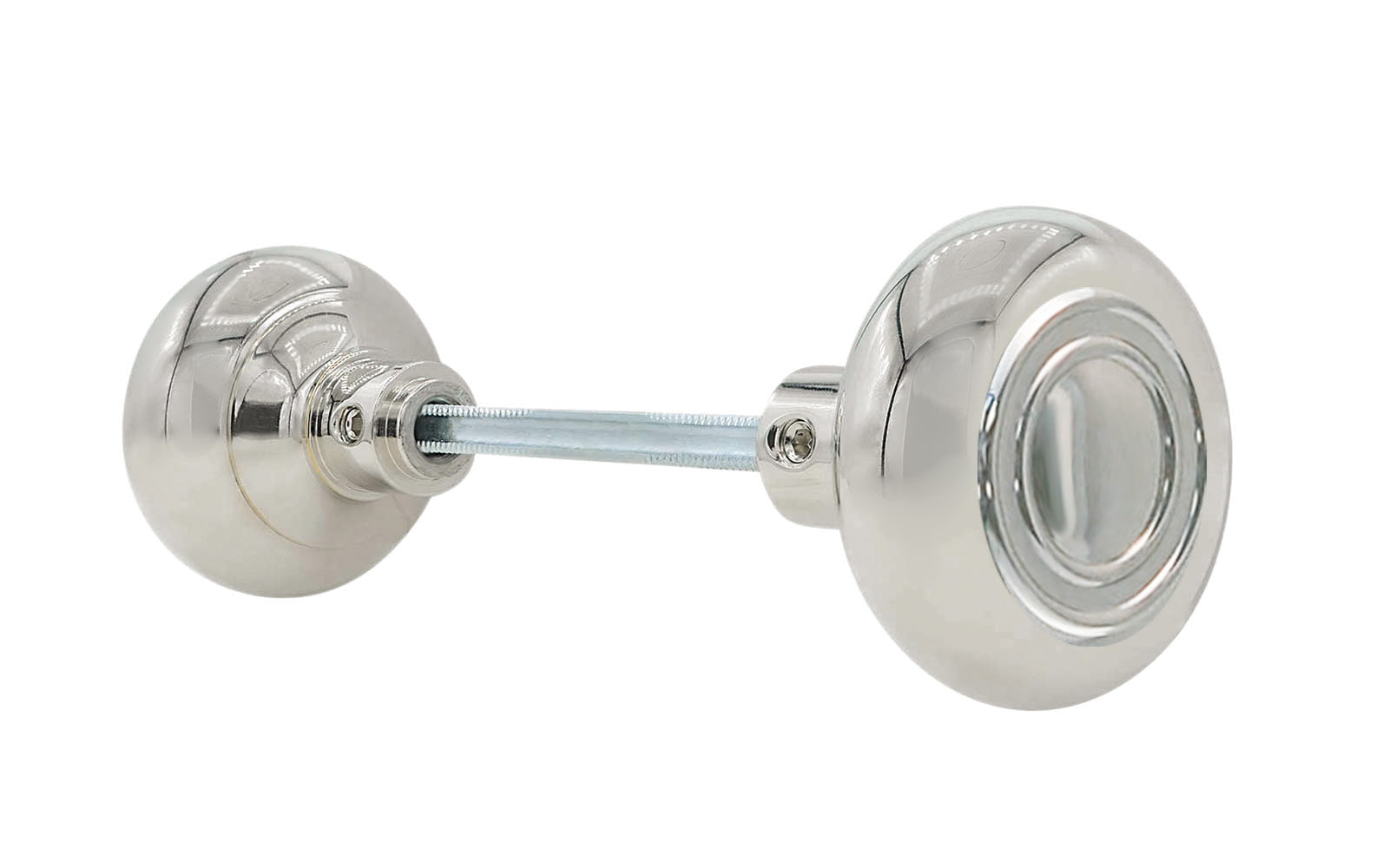 Pair of Traditional & Classic Brass Circle-Ring Design Doorknobs with spindle. Quality hollow core wrought brass doorknobs with an attractive circle-ring design. Reproduction Brass Door Knobs. Traditional Brass Knobs with Spindle. Set includes two knobs with spindle.  Polished Nickel Finish.
