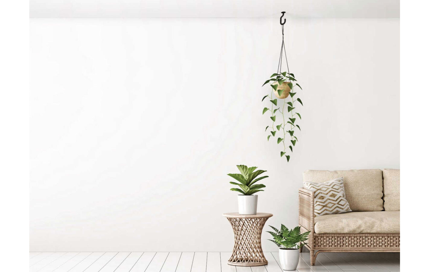 Black Finish Modern Ceiling J-Hook. Designed for interior use of hanging plants & planter pots. Sold as a single hook. Includes plastic anchor & washer. National Hardware model N275-523.