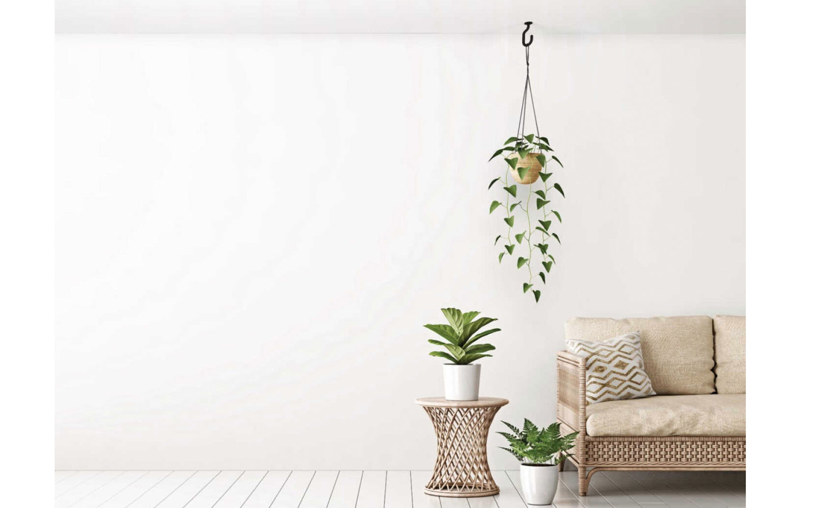 Black Finish Modern Ceiling J-Hook. Designed for interior use of hanging plants & planter pots. Sold as a single hook. Includes plastic anchor & washer. National Hardware model N275-523.
