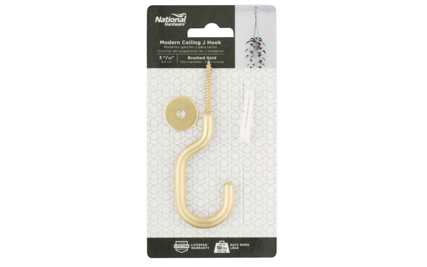 Brushed Gold (Brushed Brass) Modern Ceiling J-Hook. Designed for interior use of hanging plants & planter pots. Sold as a single hook. Includes plastic anchor & washer. National Hardware model N275-524.