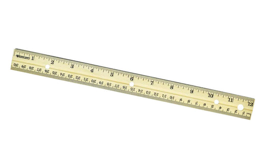 Westcott 12" Wooden Ruler. 30cm English/metric wood ruler made from selected hardwood. Multiple-coat clear lacquer finish. Scaled in 16ths and in metric on same side. Sturdy metal edge. Hole punched to fit in 3-ring binder.