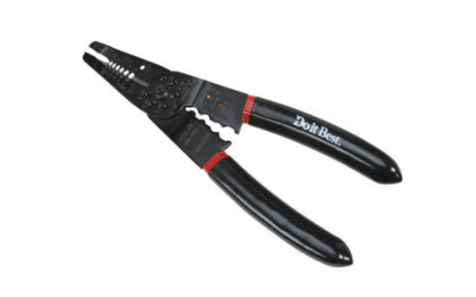 A basic 8" Long Nose Crimper & Stripper Tool. 8" multi-tool strips copper and aluminum wire, solid, or stranded. Strips up to 12 gauge stranded wire, cuts and strips up to 10 gauge solid wire. Cuts and rethreads bolt sizes 4-40, 5-40, 6-32, 8-32, 10-24, and 10-32. 