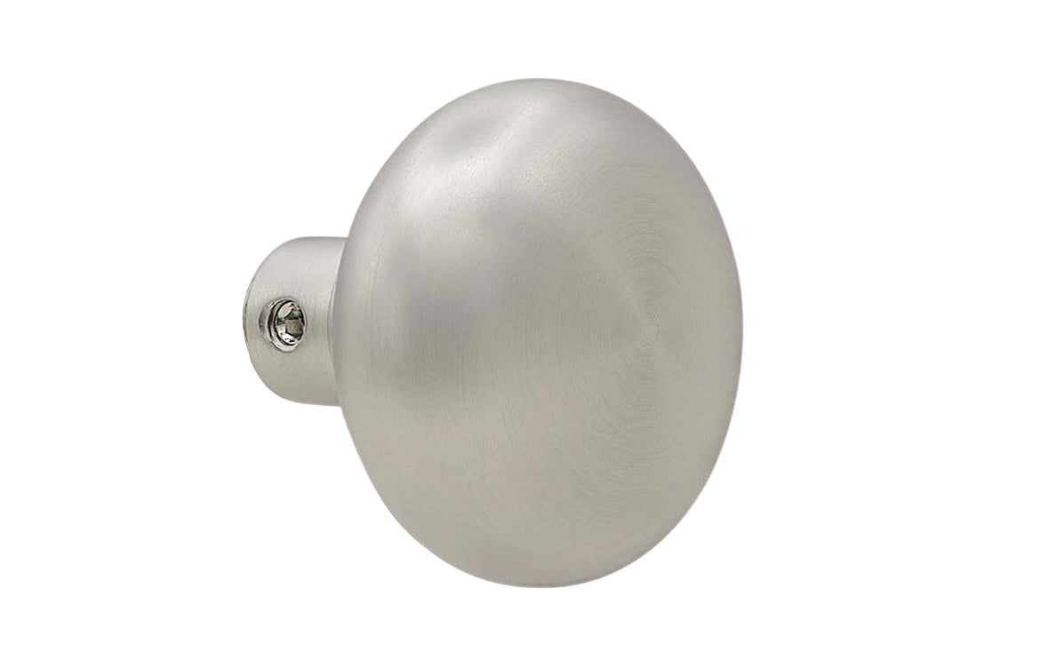 Single Classic Brass Plain Design Doorknob. Quality hollow core wrought brass doorknob with an attractive smooth design. Reproduction Brass Door Knob. Traditional Threaded Brass Knobs. Brushed Nickel Finish.