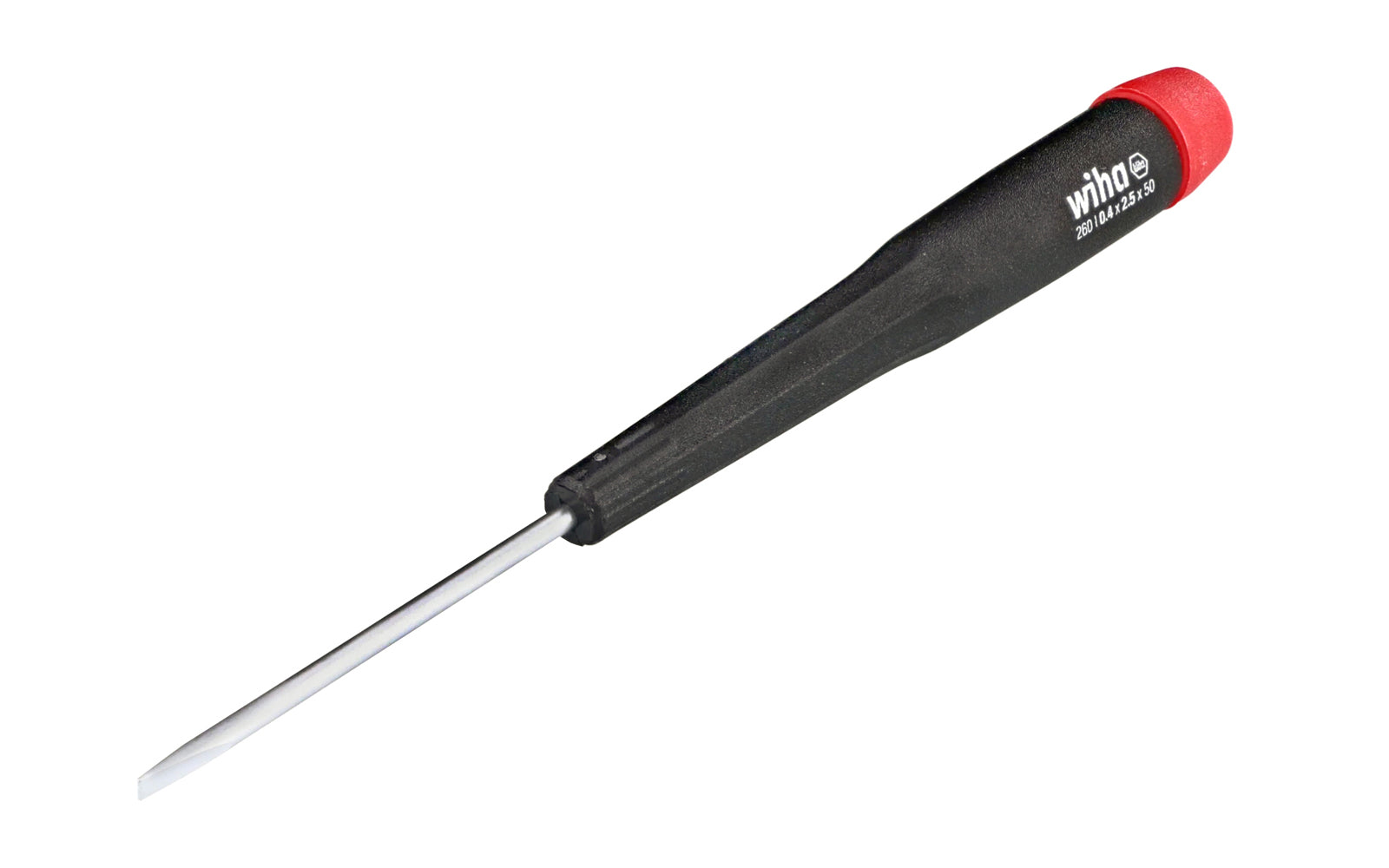 Wiha Slotted precision screwdriver made out of hardened CRM72 tool steel. Excellent for working on small components & modern electronics. Easy spin control cap. 0.8 x 40 mm, 1.0 x 40 mm, 1.2 x 40 mm, 1.5 x 40 mm, 1.8 x 40 mm, 2.0 x 40 mm, 2.5 x 50 mm, 3.0 x 50 mm, 3.5 x 60 mm, 4.0 x 60 mm sizes. Made in Germany. 