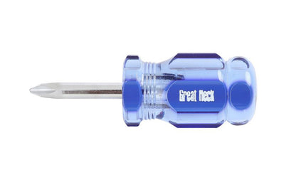 GreatNeck Model A22PC. Great Neck Stubby Phillips Screwdriver #2 x 1-1/2" Long Blade . Precision Ground Sandblasted Tip for a More Secure Fit. 3-1/2" overall length. Chrome Vanadium Steel for strength & durability. Acetate Handle. Great Neck's A-Series Screwdriver. Made in USA.