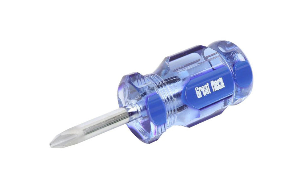 GreatNeck Model A22PC. Great Neck Stubby Phillips Screwdriver #2 x 1-1/2" Long Blade . Precision Ground Sandblasted Tip for a More Secure Fit. 3-1/2" overall length. Chrome Vanadium Steel for strength & durability. Acetate Handle. Great Neck's A-Series Screwdriver. Made in USA.
