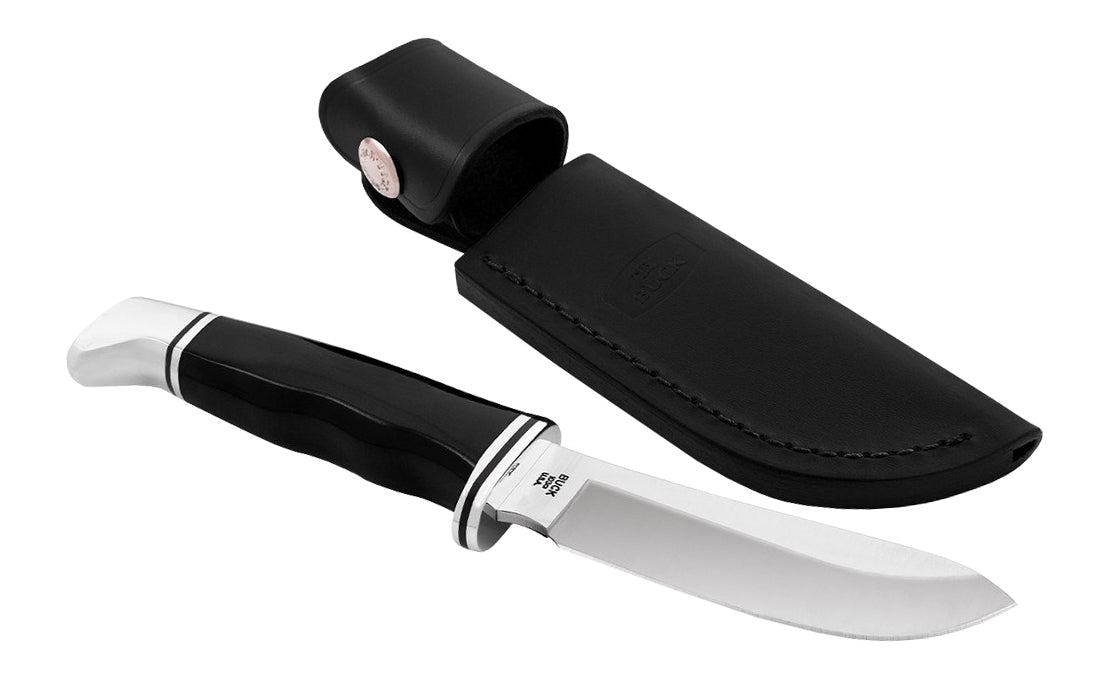 The classic Buck Knives 103 Skinner Fixed Blade Knife is classic, heavy duty skinning knife. The fixed blade was designed for easily skinning game. The tip is narrow, while the curved belly aids in getting through thick layers.  Includes a genuine black leather sheath.   Made in USA. Model 0103BKS-B. 033753026591