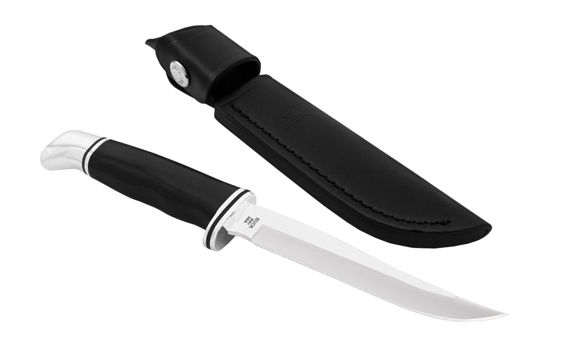 Buck Knives 105 Pathfinder Knife & Sheath Fixed Blade with Handle is classic, all-purpose & heavy duty. Perfect for general outdoor use. Full tang construction, a finger guard integrated into the blade, thumb grip ridges & choil help make this knife one of the best for the serious hunter. Model 0105BKS-B. 033753025358