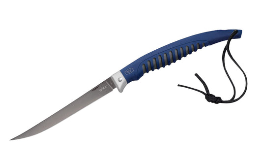 Buck Knives 220 Silver Creek Folding Fillet Knife has a titanium coated blade & is designed for added flexibility & corrosion resistance, a rubberized anti-slip grip & a stainless steel safety guard. The convenient size when folded makes this knife convenient to carry on any fishing trip. Model 0220BLS-B. 033753128431