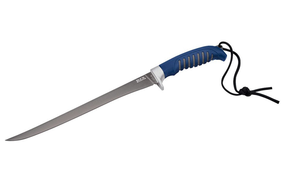 This Buck Knives 225 Silver Creek Fillet Knife has a titanium coated blade & is designed for added flexibility & corrosion resistance, a rubberized anti-slip grip & a stainless steel safety guard. Long size fillet knife. 9-5/8" blade length. Model 0225BLS-B. 033753101724