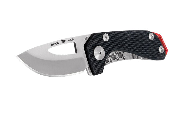 Buck Knives 417 Budgie Folding Knife with Black Textured Handle with Black Textured Handle blade ensures maximum edge retention & ease of resharpening for long use. G10 handle offers the grip & durability to match that of the superior blade performance. Accessorized with pocket clip & lanyard hole. Model 0417BKS1-B