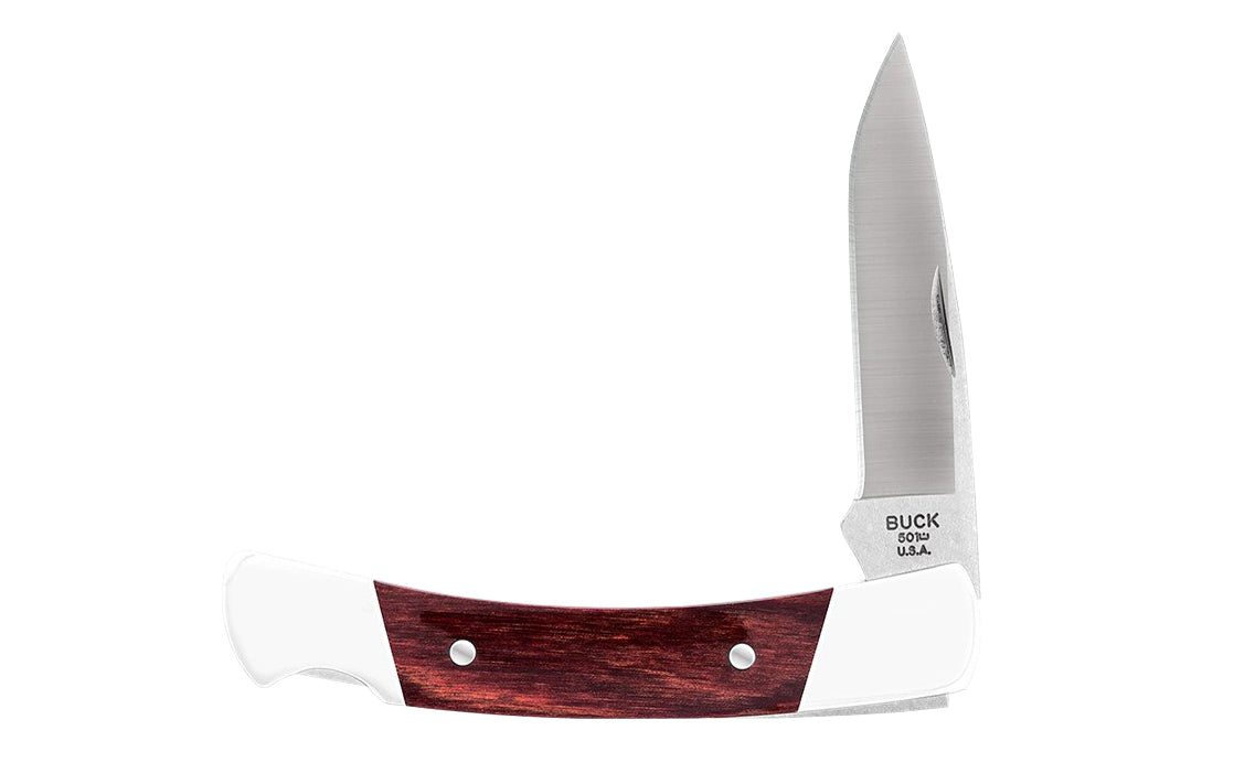 Buck Knives 501 Squire Pocket Folding Knife & Leather Sheath is a classic, compact everyday carry. The drop point blade provides good control for slicing. Easy opening & closing with the nail notch & lockback design. Handsome DymaLux red wood with nickel silver bolsters. Made in USA. 033753025983. Model 0501RWS-B