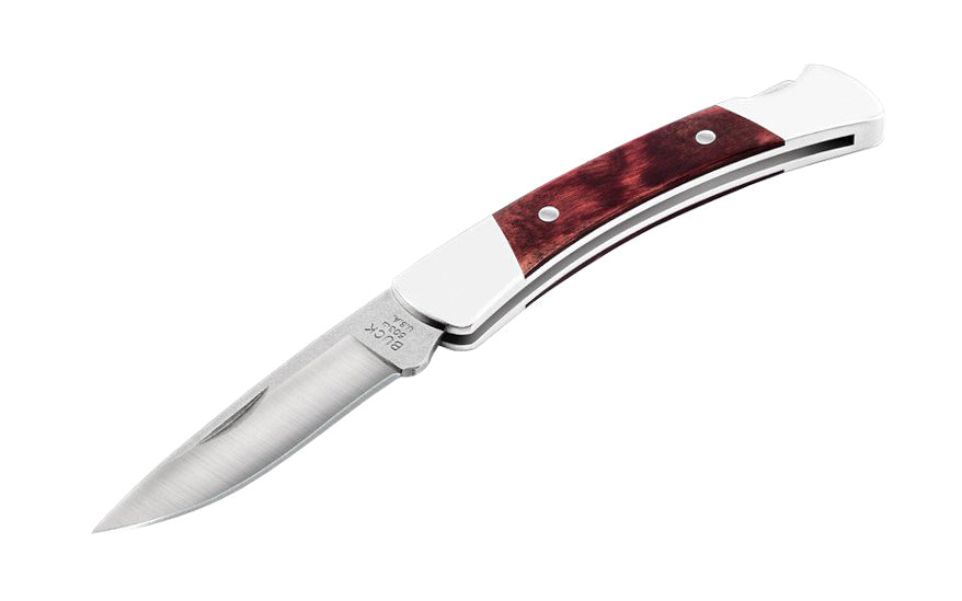 Buck Knives 503 Prince Pocket Folding Knife is a classic, compact everyday carry. Smaller than the "Squire" knife, the Prince knife has a slimline design for easy carry. The lockback design makes it easy to open & close. Handsome DymaLux red wood with nickel silver bolsters. Made in USA. 033753092015. Model 0503RWS-B
