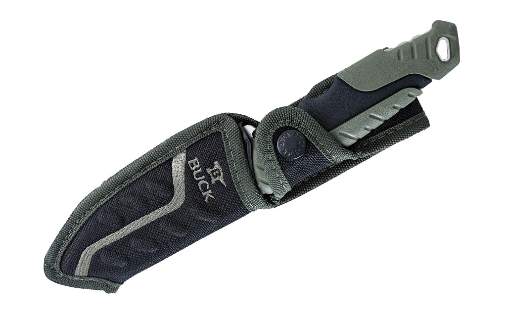 Buck Knives 657 Pursuit, Large Fixed Blade Knife with Guthook - Green is a multi-purpose alternative to traditional hunting knives, the hunting knife designed for the beginner to the experienced, serious hunter. Includes a polyester sheath. 4-1/2" long blade. Model 0657GRS-B. 033753147593