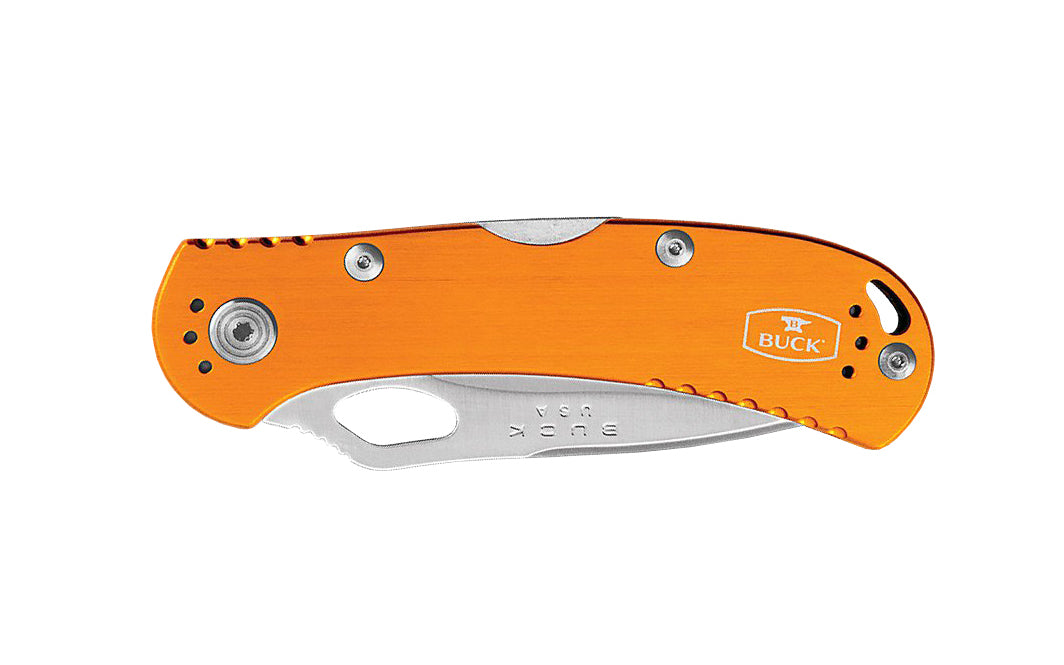 Buck Knives 722 Spitfire Folding Pocket Knife is designed for everyday carry. The blade can easily be opened with one hand & locks open with a lockback design. Anodized Orange Aluminum handle offers a sleek & lightweight design. Pocket clip attached to knife. Length 4-1/2" closed. Made in USA. 0722ORS1-B. 033753119958