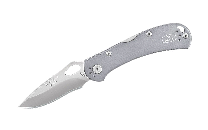 Buck Knives 722 Spitfire Folding Pocket Knife is designed for everyday carry. The blade can easily be opened with one hand & locks open with a lockback design. Anodized Gray Aluminum handle offers a sleek & lightweight design. Pocket clip attached to knife. Length 4-1/2" closed. Made in USA. 0722GYS1-B. 033753119910
