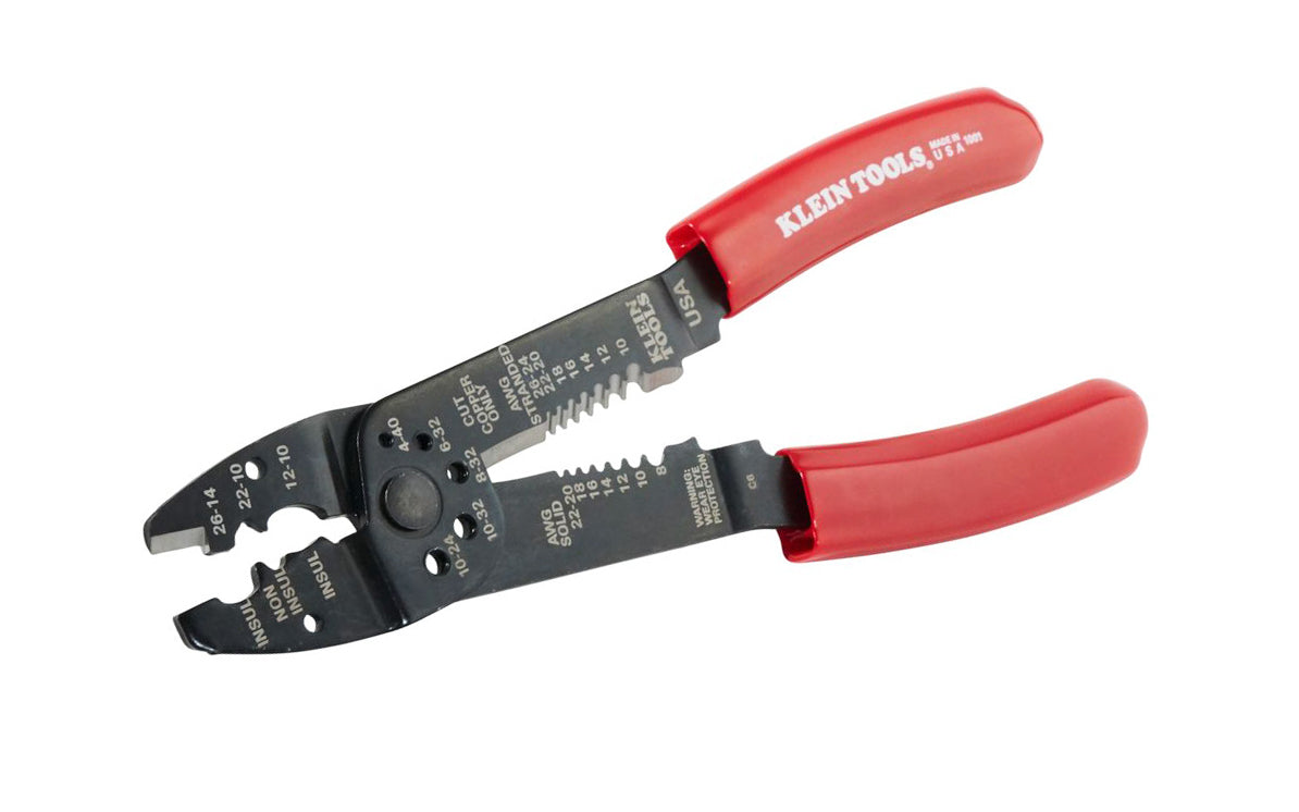 The Klein Tools Wire Stripper Multi-Tool cuts, crimps, and strips solid and stranded wire and shears bolts. Two cutting blades for 8-22 AWG solid and 10-26 AWG stranded wire. The crimping function handles 7-8 mm insulated and non-insulated terminals, lugs, and splices.  Made in USA.