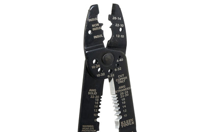 The Klein Tools Wire Stripper Multi-Tool cuts, crimps, and strips solid and stranded wire and shears bolts. Two cutting blades for 8-22 AWG solid and 10-26 AWG stranded wire. The crimping function handles 7-8 mm insulated and non-insulated terminals, lugs, and splices.  Made in USA.