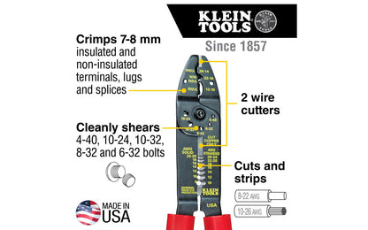 The Klein Tools Wire Stripper Multi-Tool cuts, crimps, and strips solid and stranded wire and shears bolts. Two cutting blades for 8-22 AWG solid and 10-26 AWG stranded wire. The crimping function handles 7-8 mm insulated and non-insulated terminals, lugs, and splices.  Made in USA.