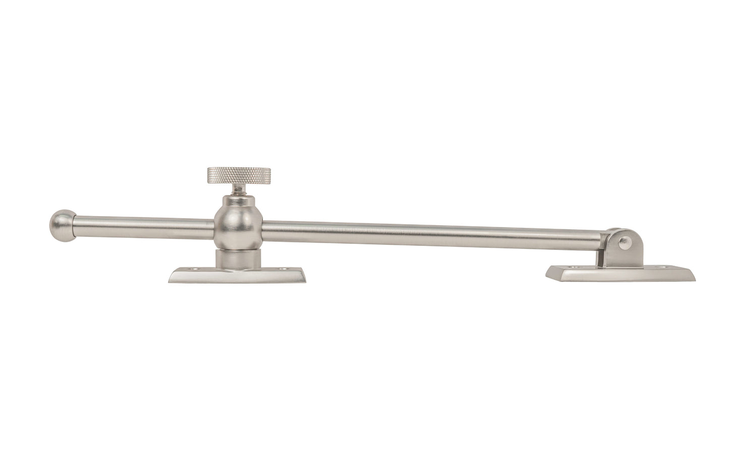 Vintage-style Classic & Premium Solid Brass Casement Adjuster Stay ~ 10" Length. For securing outswing casement windows. It has a durable pivot turn with a knurled knob for smooth & secure operation. Brushed Nickel Finish