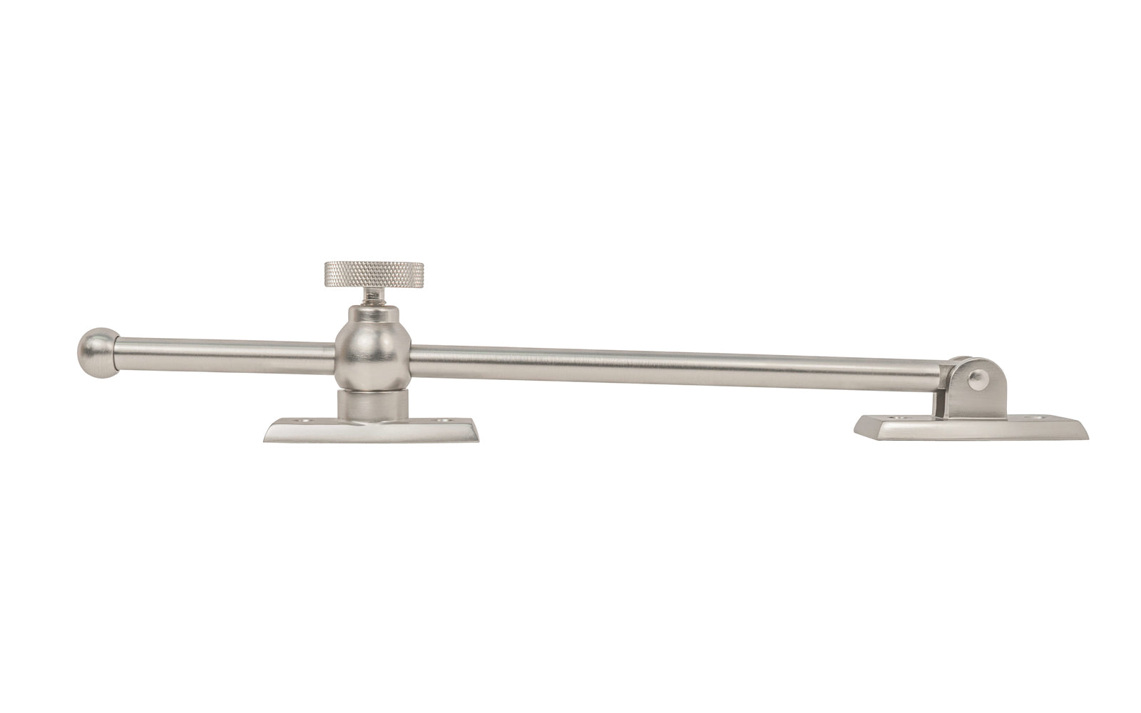 Vintage-style Classic & Premium Solid Brass Casement Adjuster Stay ~ 10" Length. For securing outswing casement windows. It has a durable pivot turn with a knurled knob for smooth & secure operation. Brushed Nickel Finish
