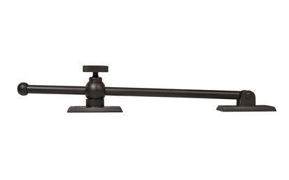 Vintage-style Classic & Premium Solid Brass Casement Adjuster Stay ~ 10" Length. For securing outswing casement windows. It has a durable pivot turn with a knurled knob for smooth & secure operation. Oil Rubbed Bronze Finish
