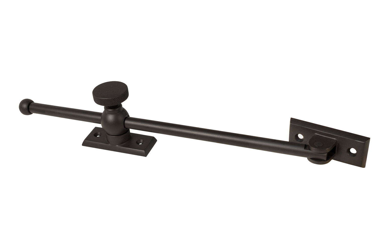 Vintage-style Classic & Premium Solid Brass Casement Adjuster Stay ~ 10" Length. For securing outswing casement windows. It has a durable pivot turn with a knurled knob for smooth & secure operation. Oil Rubbed Bronze Finish