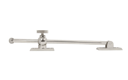 Vintage-style Classic & Premium Solid Brass Casement Adjuster Stay ~ 10" Length. For securing outswing casement windows. It has a durable pivot turn with a knurled knob for smooth & secure operation. Polished Nickel Finish