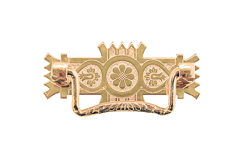 Brass Eastlake Drop Pull ~ Non-Lacquered Brass (will patina over time) ~ Brass Eastlake Drop Pull ~ 2-1/2" On Screw Centers ~ Vintage-style Hardware · Traditional & classic ~ Made of high quality solid brass material ~ Includes an ornate stamped brass backplate ~ Designed in a traditional Eastlake style, but suitable for different traditional & period decors, including Victorian ~ Ornate style