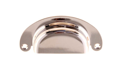 Vintage-style Hardware · Classic Brass Half-Round Bin Pull ~ 3" On Centers. Heavy gauge stamped brass. Polished nickel finish. 3" center to center. Kitchen cabinet pull. Drawer pull handle. Authentic reproduction bin utility pull. Bright nickel cup bin pull.