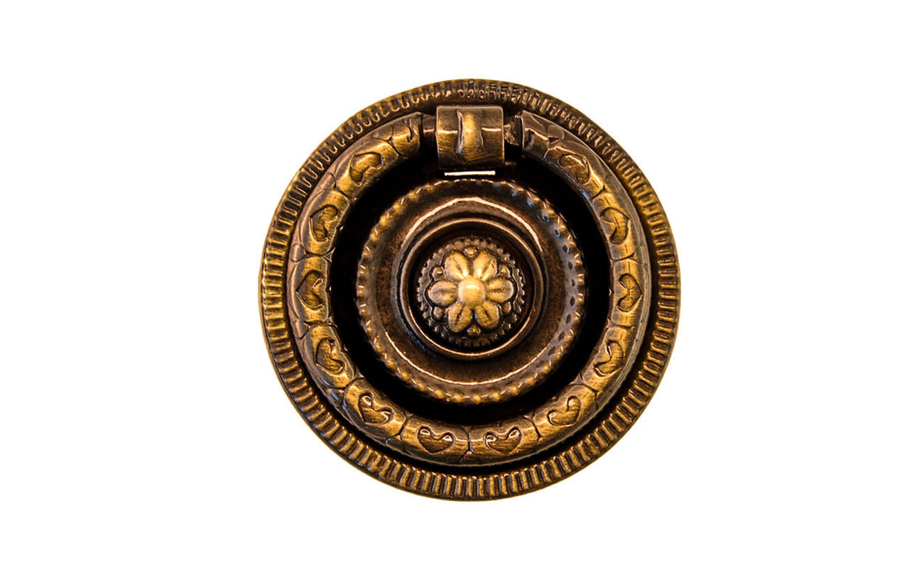 Stamped Brass Ornate Ring Pull ~ Smaller Size ~ Antique Brass Finish