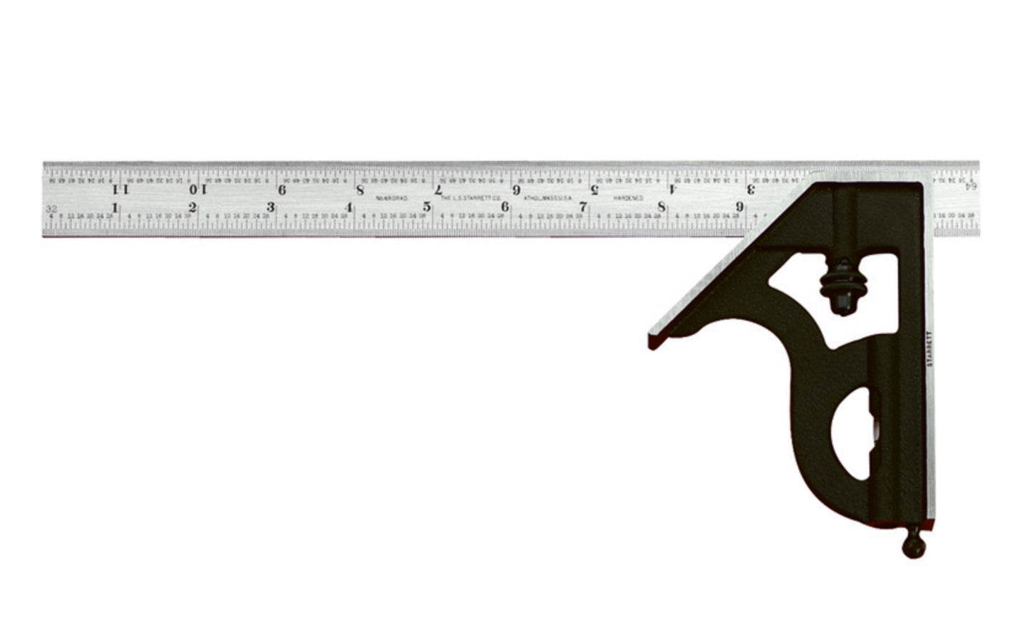 Starrett 12" Combination Square with Square Head features a reversible lock bolt, scriber, spirit level, and hardened steel, photo-engraved blade with regular finish. 4R Graduations. Starrett combo square. 11H-12-4R. EDP 50055. Made in USA. 049659500554