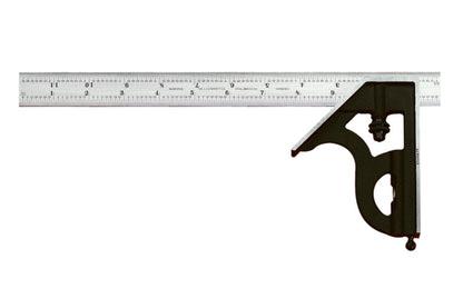 Starrett 12" Combination Square with Square Head features a reversible lock bolt, scriber, spirit level, and hardened steel, photo-engraved blade with regular finish. 4R Graduations. Starrett combo square. 11H-12-4R. EDP 50055. Made in USA. 049659500554