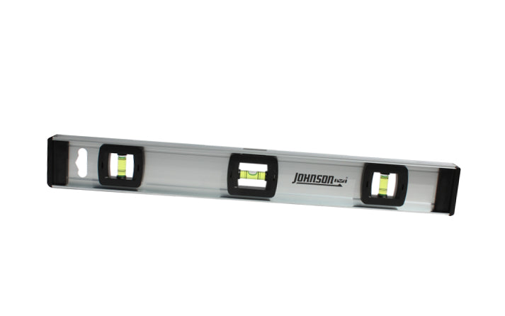 Johnson Level 18" Aluminum Level with Rule ~ 1300-1800 is aluminum frame level that is protected by shock absorbing end caps if level is accidentally dropped. Durable easy-read acrylic vials are impact resistant. Marking cuts, centerlines & drill points is simplified with the level's ruled working edge. 049448130085.