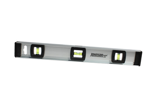 Johnson Level 18" Aluminum Level with Rule ~ 1300-1800 is aluminum frame level that is protected by shock absorbing end caps if level is accidentally dropped. Durable easy-read acrylic vials are impact resistant. Marking cuts, centerlines & drill points is simplified with the level's ruled working edge. 049448130085.