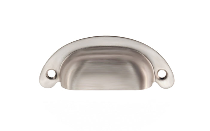 Vintage-style Hardware · Classic Brass Half-Round Bin Pull ~ 2-1/2" On Centers. Heavy gauge stamped brass. Brushed nickel finish. 2-1/2" center to center. Kitchen cabinet pull. Drawer pull handle. Authentic reproduction bin utility pull. Satin nickel cup bin pull.