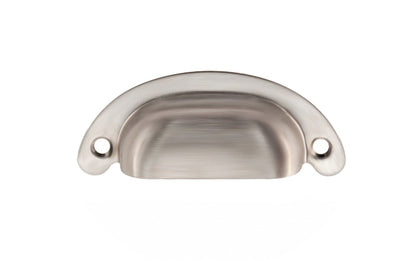 Vintage-style Hardware · Classic Brass Half-Round Bin Pull ~ 2-1/2" On Centers. Heavy gauge stamped brass. Brushed nickel finish. 2-1/2" center to center. Kitchen cabinet pull. Drawer pull handle. Authentic reproduction bin utility pull. Satin nickel cup bin pull.