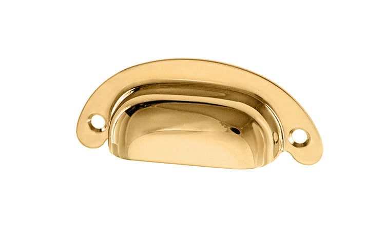Vintage-style Hardware · Classic Brass Half-Round Bin Pull ~ 2-1/2" On Centers. Heavy gauge stamped brass. Unlacquered brass (will patina naturally). 2-1/2" center to center. Kitchen cabinet pull. Drawer pull handle. Authentic reproduction bin utility pull. Non-lacqurered cup bin pull.