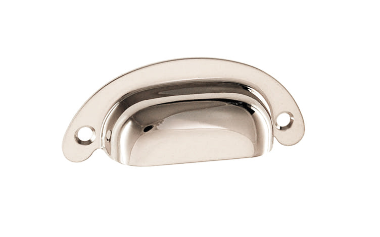 Vintage-style Hardware · Classic Brass Half-Round Bin Pull ~ 2-1/2" On Centers. Heavy gauge stamped brass. Polished nickel finish. 2-1/2" center to center. Kitchen cabinet pull. Drawer pull handle. Authentic reproduction bin utility pull. Bright nickel cup bin pull.