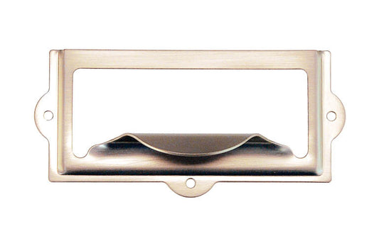 Stamped Brass Label Holder with Pull ~ 3-1/8" x 1-1/2" ~ Brushed Nickel Finish