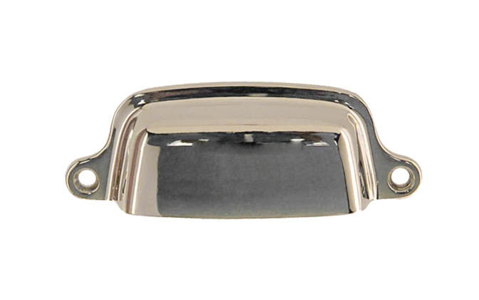 Vintage-style Hardware · Traditional & Classic Solid Brass Bin Pull. 3" On Centers Made of high quality solid brass. 3" spacing of screw holes. Thick & smooth edges for a comfortable grip. Polished Nickel Finish
