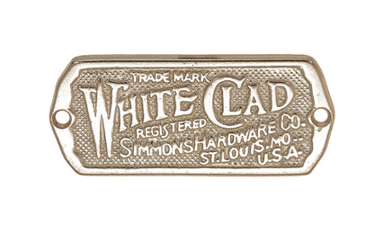 Vintage-Style Hardware - Classic & traditional "White Clad" name plate designed for ice box cabinets. Made of solid brass material, it is a thick & good-looking piece of hardware & a nice addition to your icebox cabinets. The plate is designed in the Late 19th Century, Early 20th Century style hardware. Polished Nickel Finish.