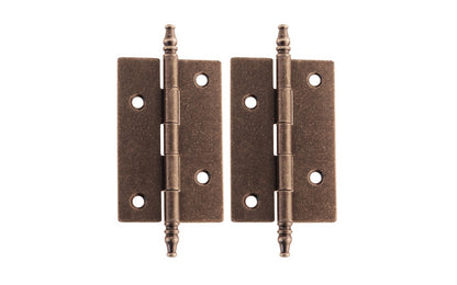 Traditional & classic steeple-tip steel cabinet butt hinges great for cabinet & furniture. Made of steel material with a plated finish. Antique Brass Finish.