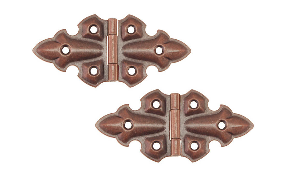 Embossed Ornamental Cabinet Hinges ~ 3-13/16" x 1-3/4" ~ Antique Copper Finish