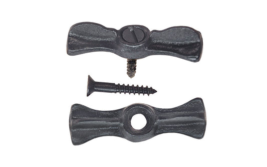 Cast Iron Utility Turn Buttons - Pair. These traditional & quality turn-buttons are great for multiple uses such as on hanging screens, sash hangers, windows, & even cabinet doors and other cabinetry uses. 2" length turnbuttons. They have a black (Japanned) finish on cast iron material.