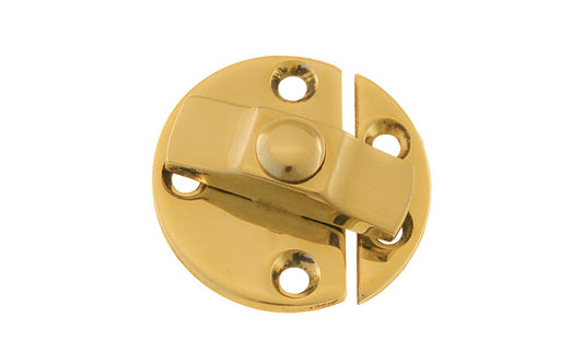 Solid Brass 1-1/2" Diameter Turn Button With Back Plates. A traditional & quality surface-mount turn button that's great for flush cabinet doors, & doors that swing in & out. Other uses include use for cabinets, cupboards, hatches, panels. Flush mount turn button. Unlacquered brass (will patina over time). Non-Lacquered Brass. Un-lacquered brass.
